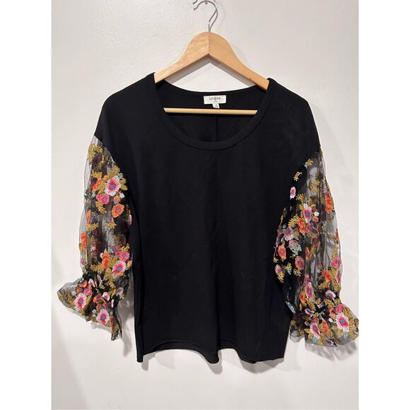 Umgee Sheer Embroidered Floral Balloon Sleeve Black Top Size Small Fairy Cottage - Picture 1 of 13